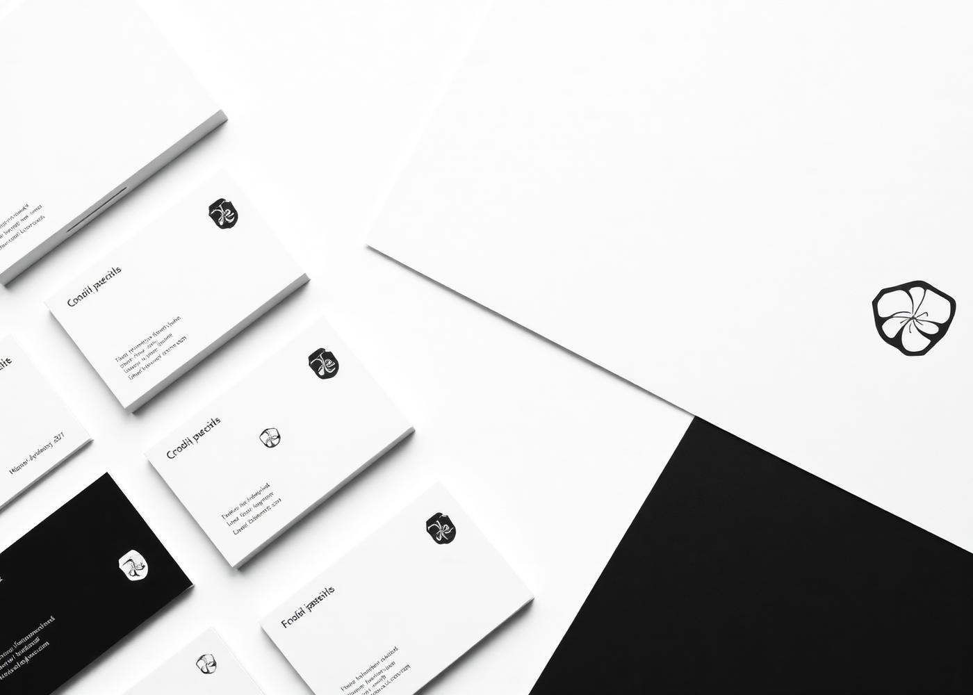 Monochrome brand identity system laid out as printed collateral