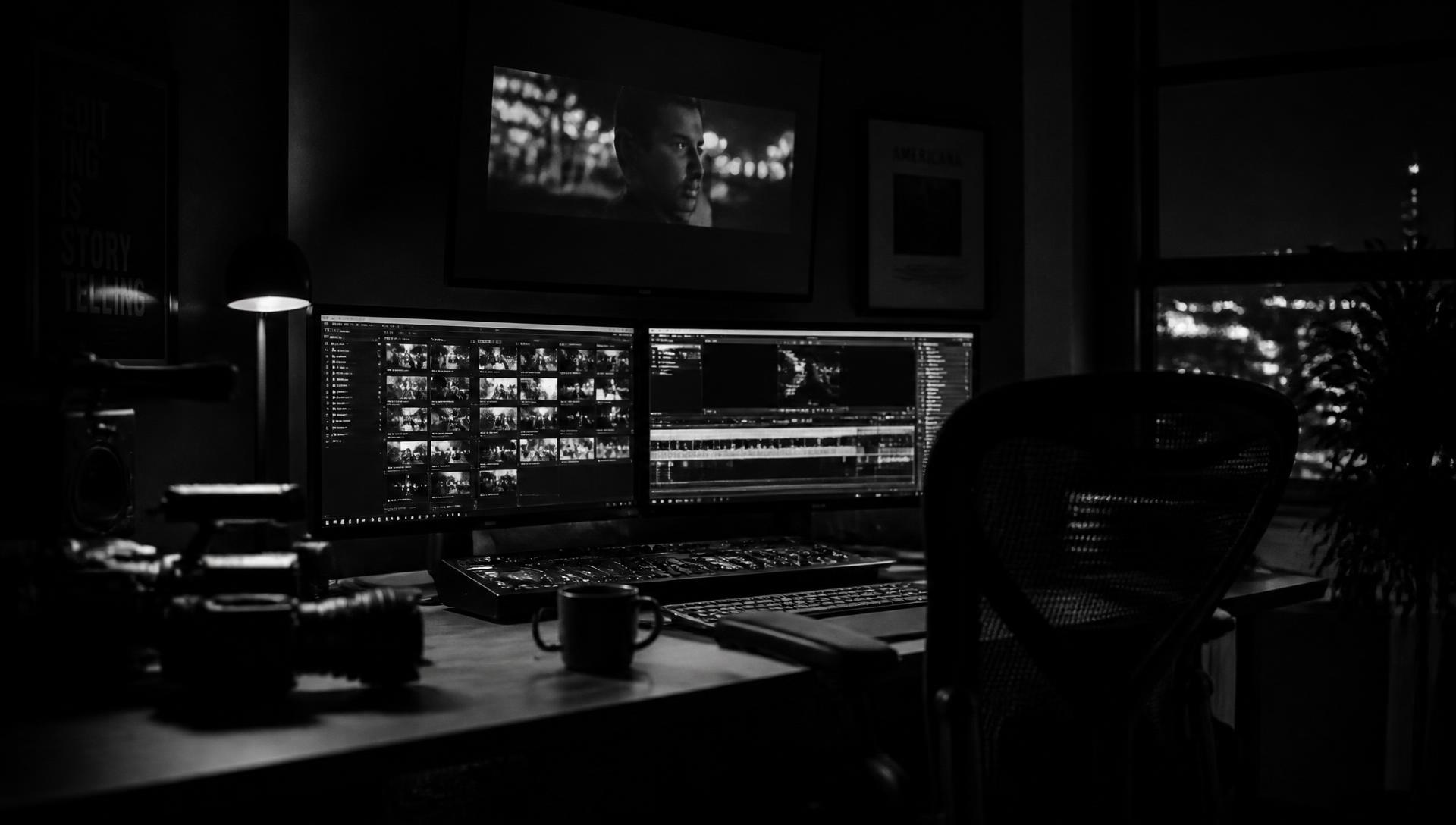 Cinematic view of a professional video editing suite