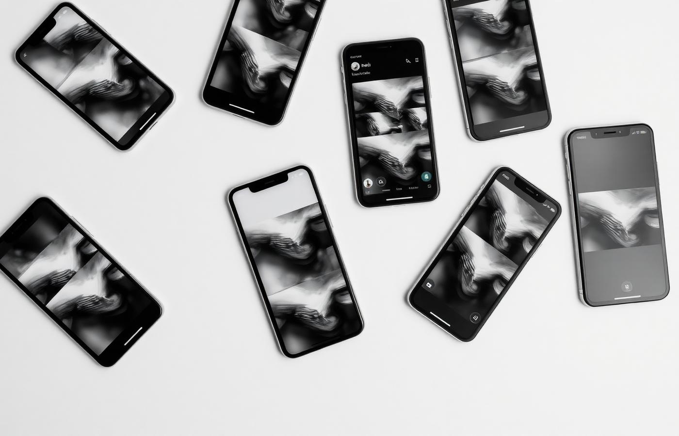 Phones displaying monochrome social media content layouts